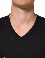 Black Cotton Tattered Logo V-Neck Men T-shirt 4