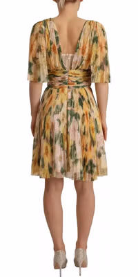 Yellow Floral Print Pleated Maxi Dress