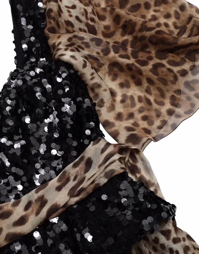 Leopard Print Silk Sequin Ruffle Maxi Dress