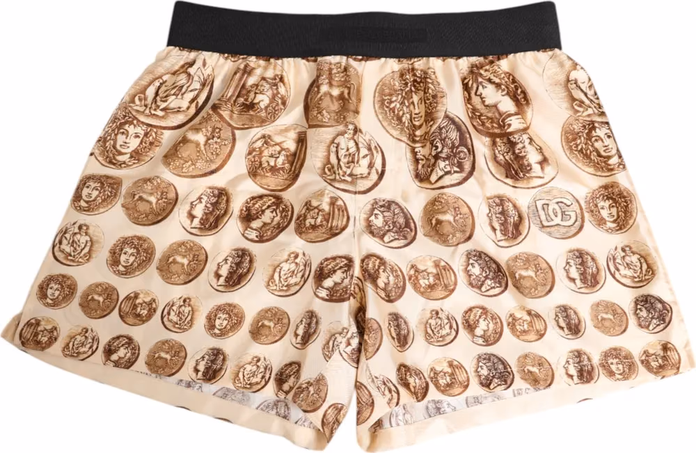 Brown Ancient Coin Print Silk Shorts Swimwear