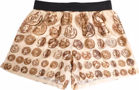 Brown Ancient Coin Print Silk Shorts Swimwear 1