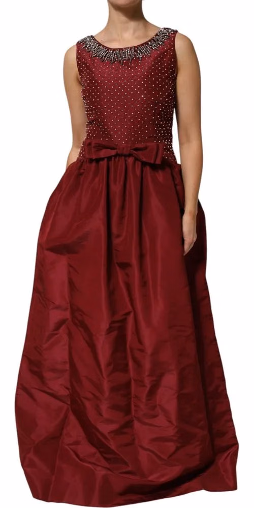 Burgundy Silk Beaded Evening Gown Dress