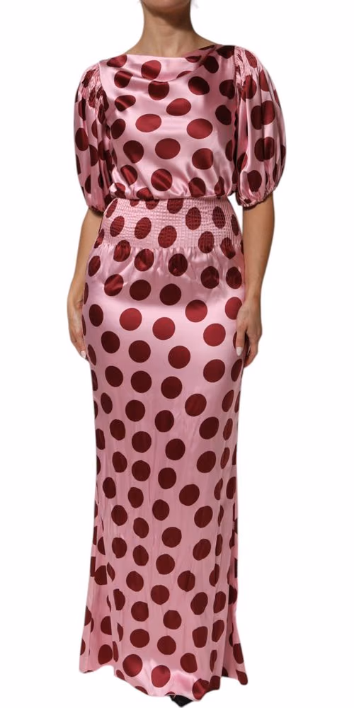 Pink Red Polka Dot Silk Satin Maxi Gown Dress