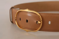 Brown Leather Gold Metal Oval Buckle Belt 2