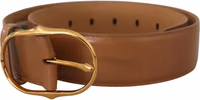 Brown Leather Gold Metal Oval Buckle Belt 3