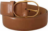 Brown Leather Gold Metal Oval Buckle Belt 4