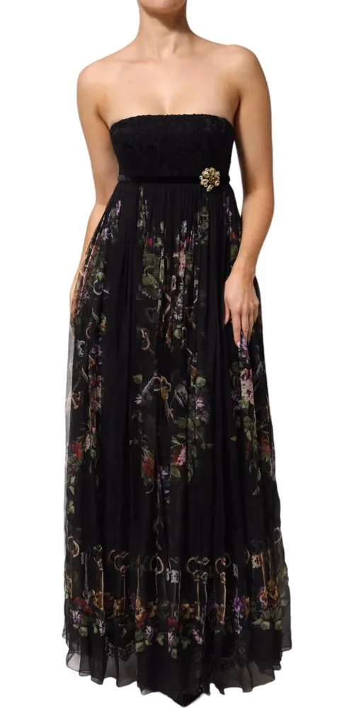 Black Floral Key Print Crystal Strapless Dress