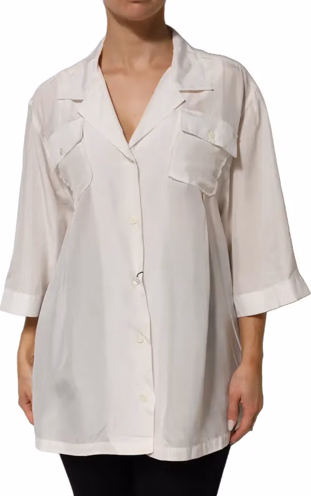 White Silk Collared 3/4 Sleeves Blouse Top