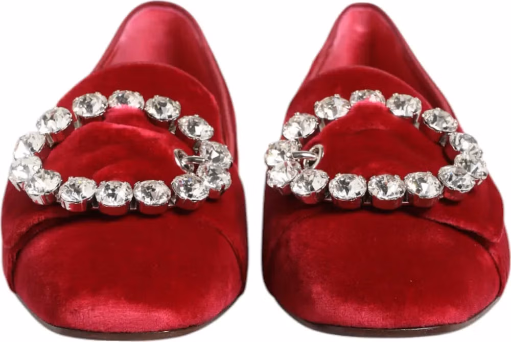 Red Velvet Crystal Buckle Loafers Flats Shoes