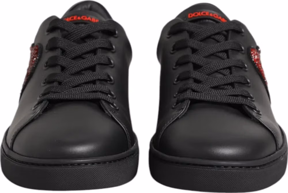 Black Leather Crystal Heart Low Top Sneakers Shoes