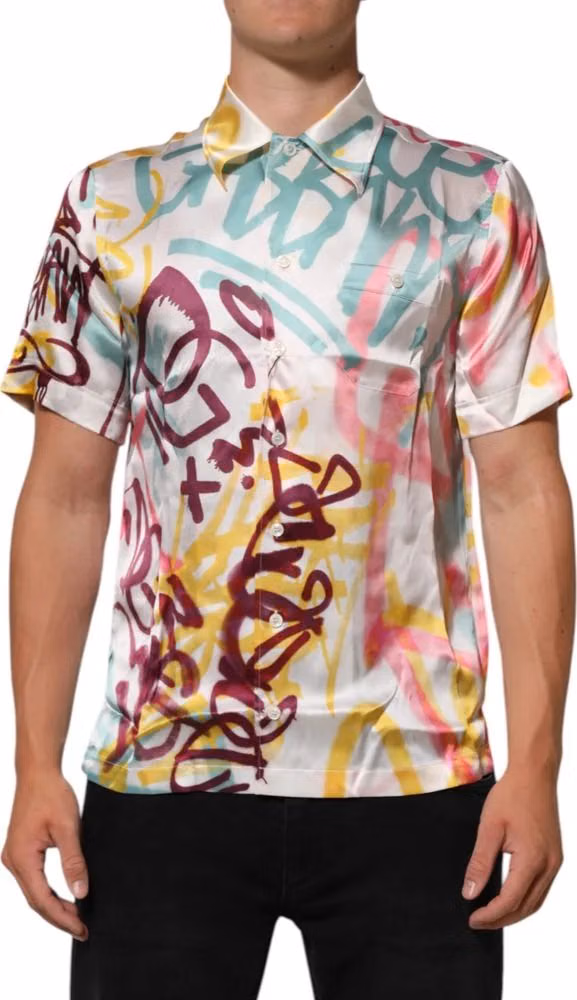 White Silk Hawaiian Graffiti Print Men Casual Shirt