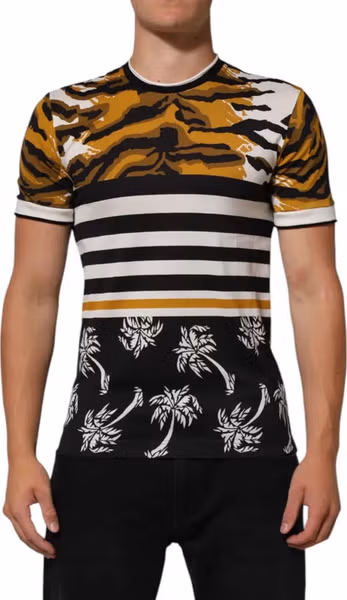 Multicolor Leopard Palm Leaf Men Crew Neck T-shirt