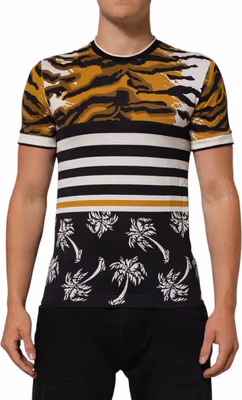 Multicolor Leopard Palm Leaf Men Crew Neck T-shirt