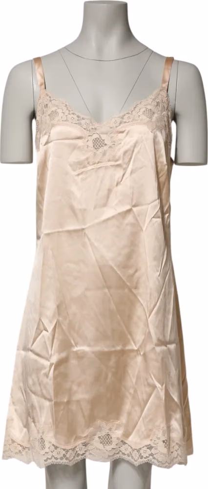 Nude Chemise Lingerie Silk Blend Lace Trim Dress