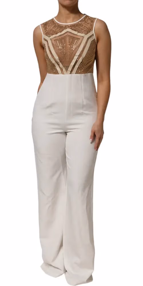 White Beige Mesh Crystal Embellished Sleeveless Jumpsuit