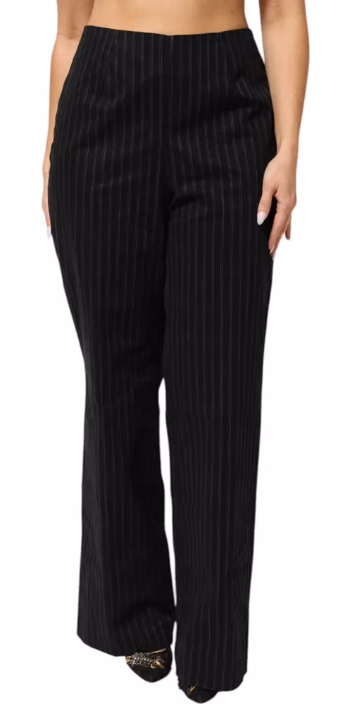 Black Wool Blend Pinstripe Straight Leg Pants