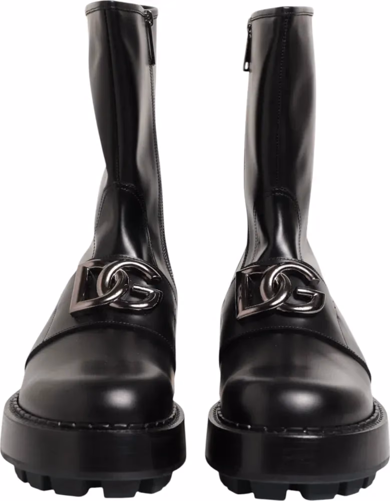 Black Logo Plaque Mid Calf Biker Boots Shoes