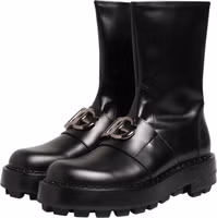 Black Logo Plaque Mid Calf Biker Boots Shoes 3