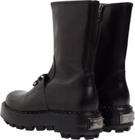 Black Logo Plaque Mid Calf Biker Boots Shoes 4