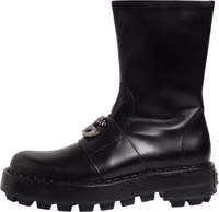Black Logo Plaque Mid Calf Biker Boots Shoes 5