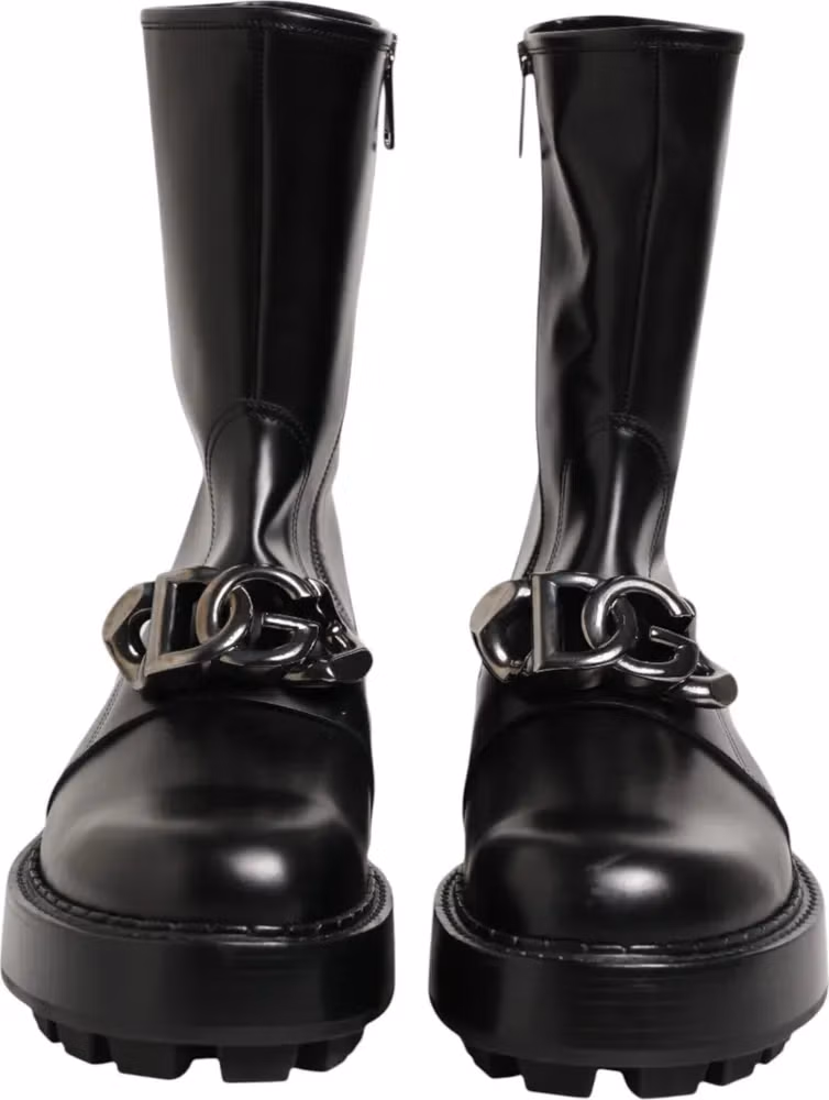Black Logo Plaque Mid Calf Biker Boots Shoes