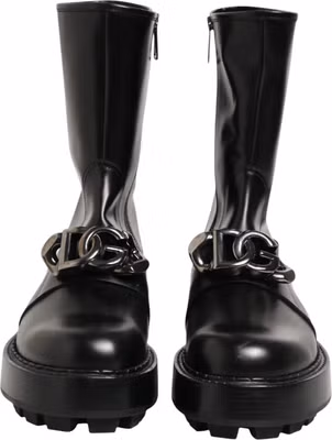 Black Logo Plaque Mid Calf Biker Boots Shoes