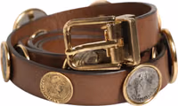 Brown Leather Gold Silver Coin Buckle Belt 1