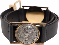 Black Leather Gold Silver Coin Buckle Belt 3