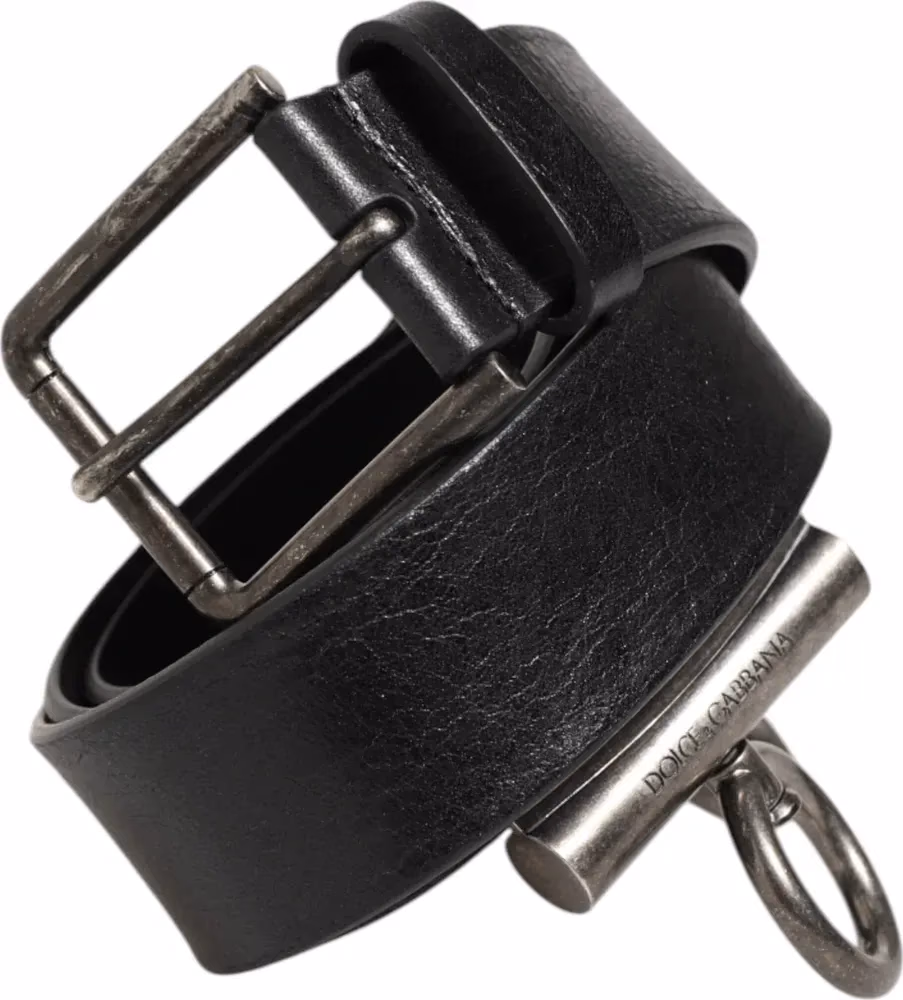Black Leather Side Rings Brass Buckle Belt
