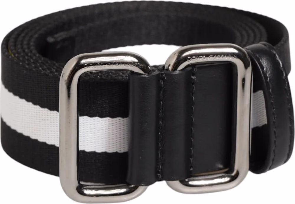 Black White Striped Metal Buckle Men Belt