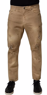 Beige Cotton Loose Tattered Men Denim Jeans