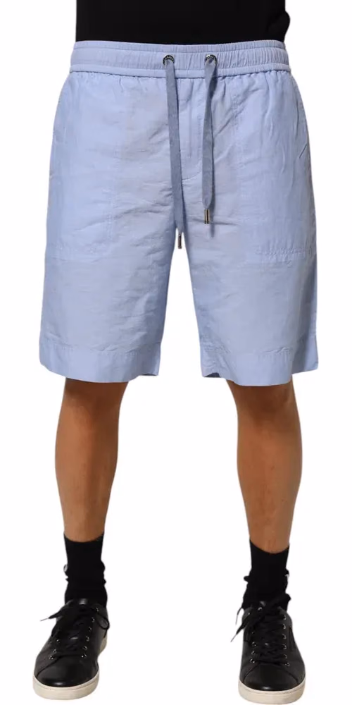 Light Blue Linen Mid Waist Men Bermuda Shorts