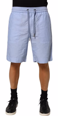 Light Blue Linen Mid Waist Men Bermuda Shorts