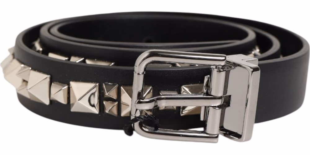 Black Leather Studded Silver-Tone Buckle Belt