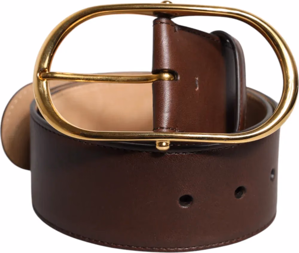 Brown Leather Classic Metal Oval Buckle Belt