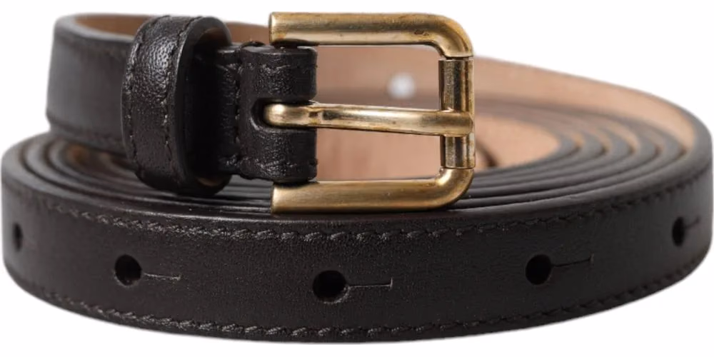 Black Leather Long Skinny Gold Metal Buckle Belt