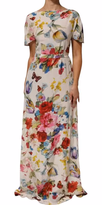 White Floral Print Silk Sheath LongGown Dress