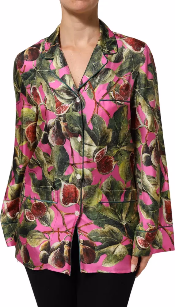 Hot Pink Fig Printed Silk Shirt Blouse Top