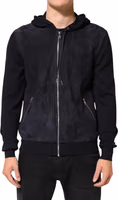 Black Leather Full Zip Hooded Blouson Jacket 1