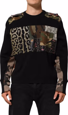Black Patchwork Crew Neck Pullover Sweater