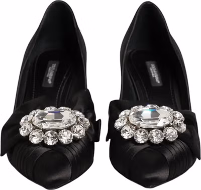 Black Satin Bow Crystal Embellishment Pumps Shoes