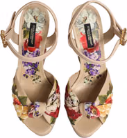 Beige Floral Ankle Strap Wedge Sandals Shoes 2