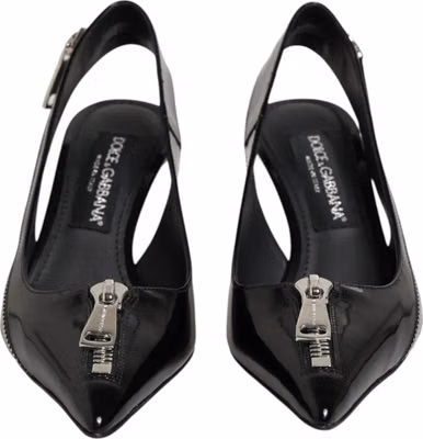 Black Zipper Leather Heels Slingbacks Shoes