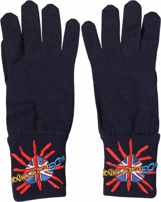 Blue Wool Knit #DGLovesLondon Embroidered Mitten Gloves