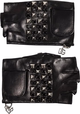 Black Leather Studded Fingerless Hand Mitten Men Gloves