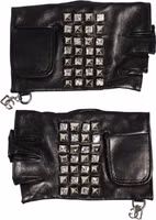 Black Leather Studded Fingerless Hand Mitten Men Gloves 1