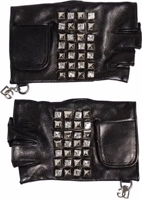 Black Leather Studded Fingerless Hand Mitten Men Gloves