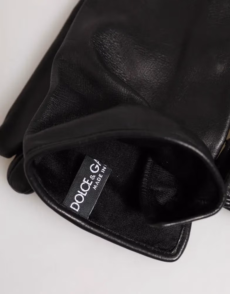 Black Leather Embellished Long Mitten Gloves