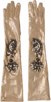 Beige Satin Crystal Elbow Length Mitten Gloves 2