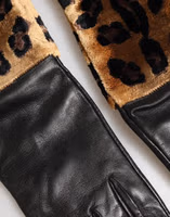 Brown Black Leopard Leather Elbow Length Mitten Gloves 4